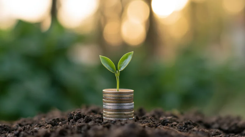 Small green seedling sprouting from a stack of coins in soil with blurred greenery and sunlight in the background