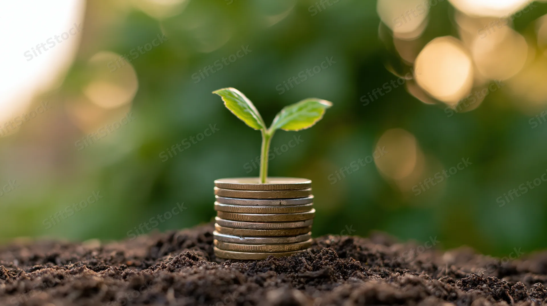 Small green seedling sprouting from a stack of coins in soil