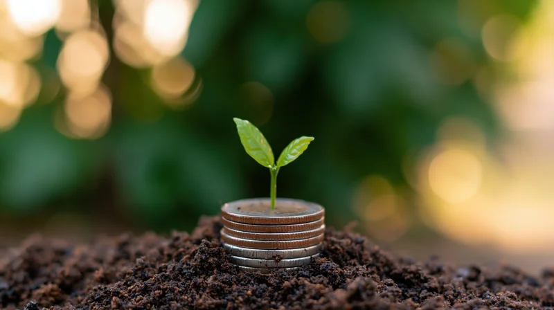 Small green seedling sprouting from a stack of coins in soil with blurred green foliage background