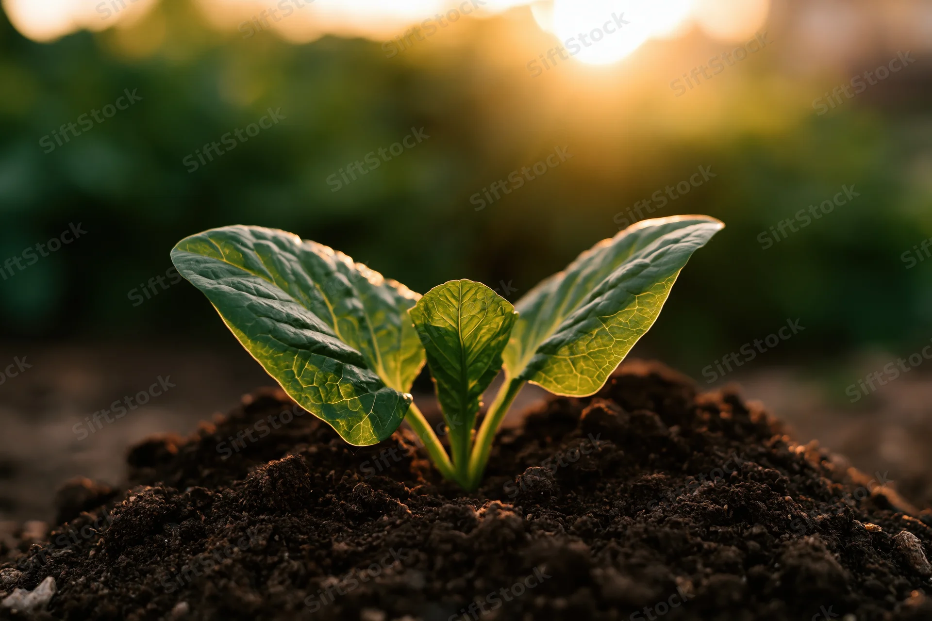 Small green seedling with four broad leaves growing from dark soil in a garden at sunrise