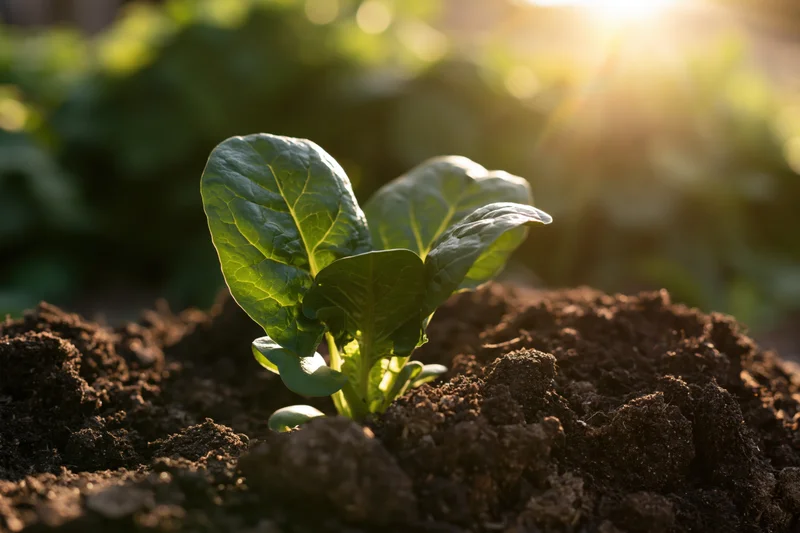 Small green seedling with four broad leaves growing from dark soil in morning sunlight