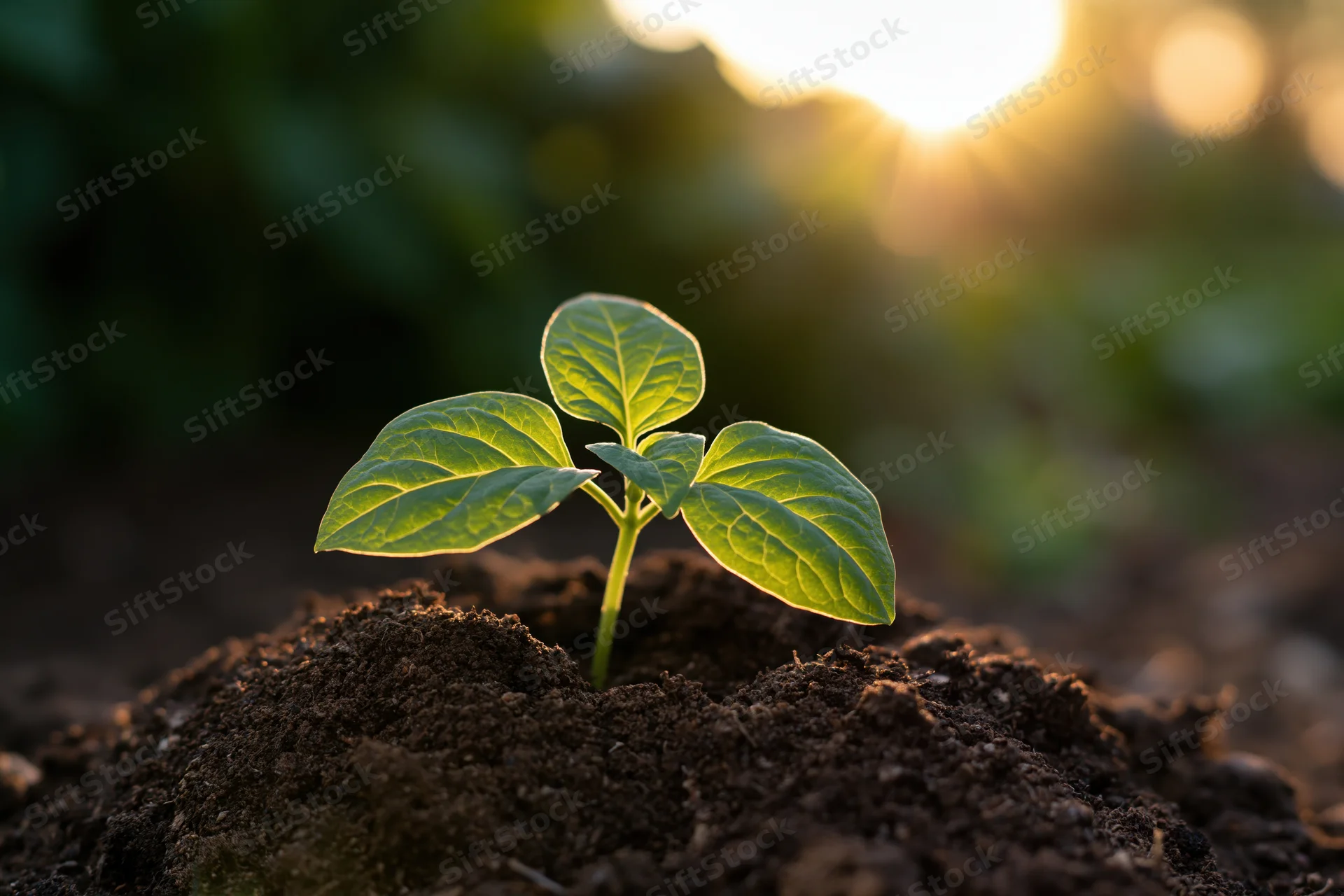 Small green seedling with four broad leaves growing from dark soil in morning light