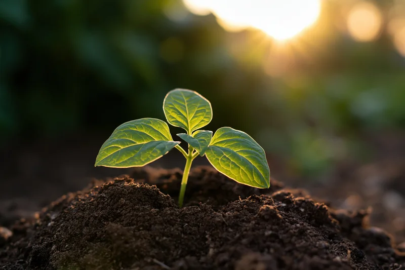 Small green seedling with four broad leaves growing from dark soil in morning light