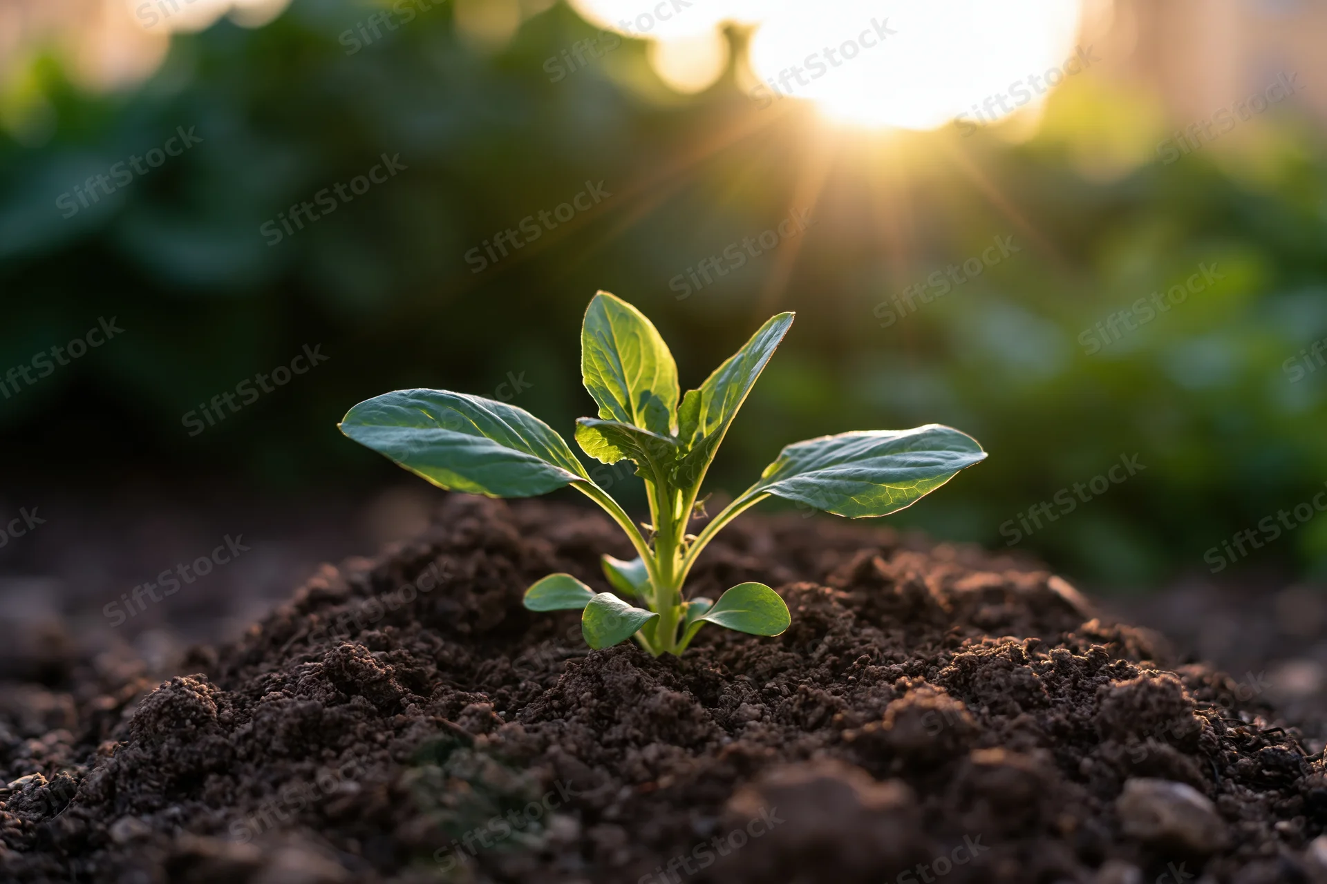 Small green seedling with four broad leaves growing from dark soil in a garden at sunrise