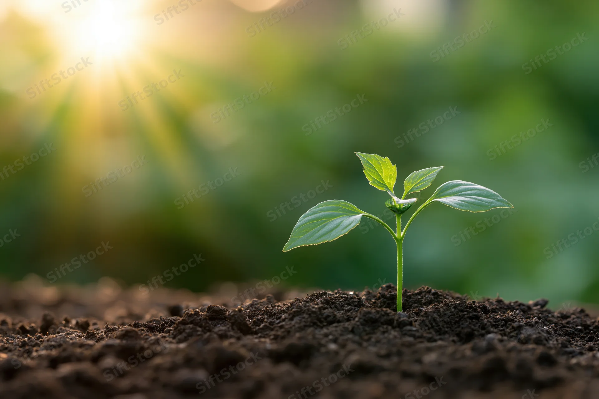 Small green seedling with four leaves emerging from dark soil in morning light