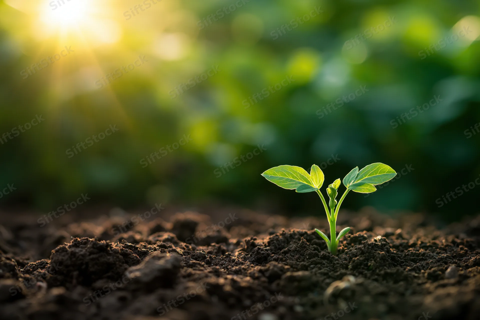 Small green seedling with four leaves emerging from dark soil in a garden under morning sunlight