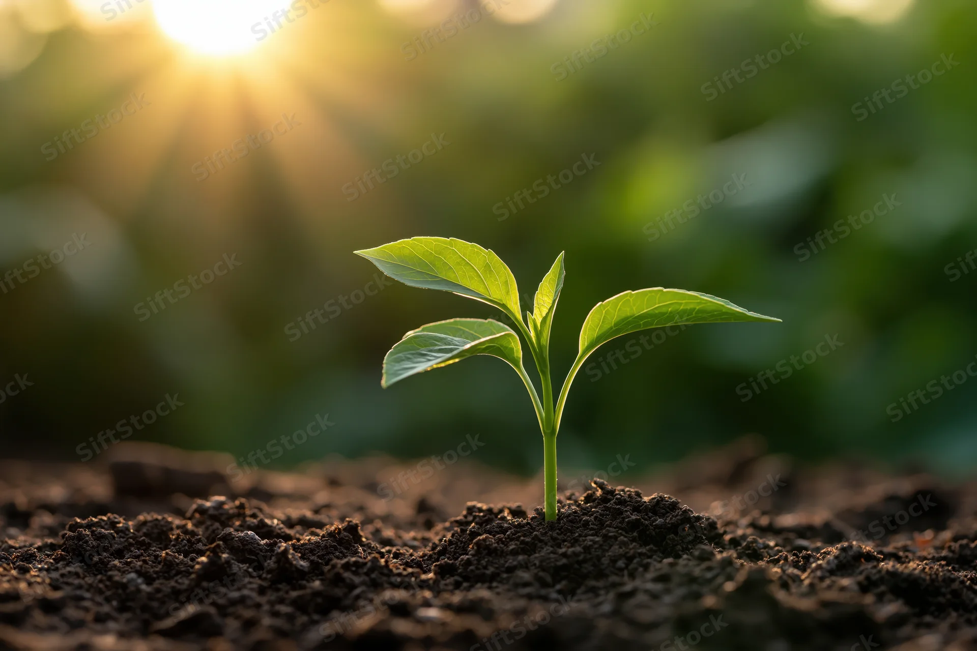 Small green seedling with four leaves emerging from dark soil under morning sunlight