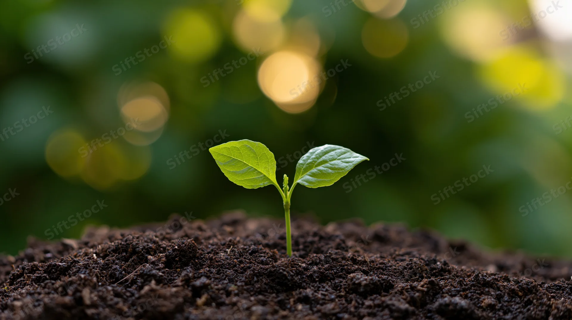 Small green seedling sprouting from dark soil with blurred foliage and sunlight in background