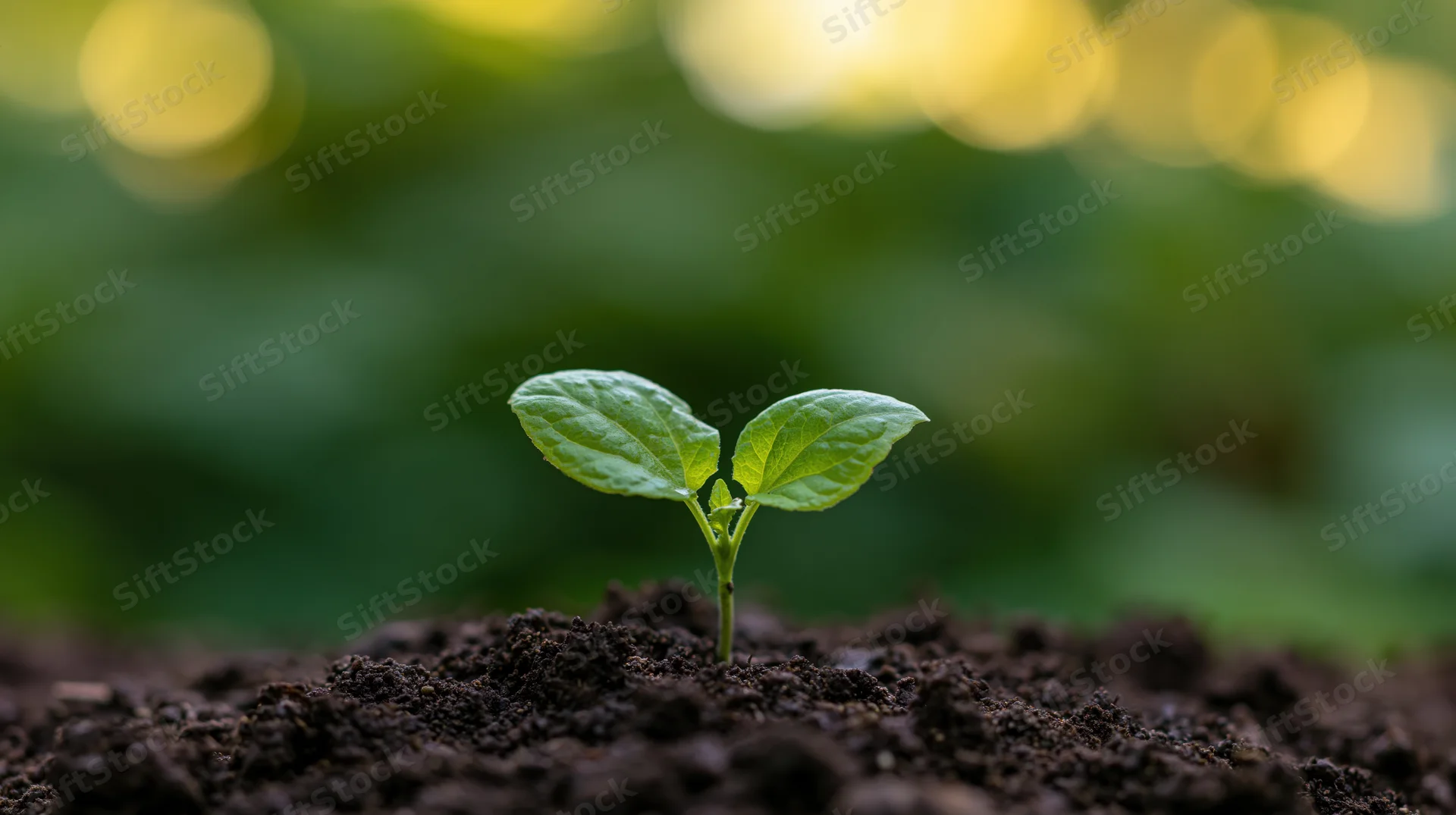 Small green seedling sprouting from dark soil with blurred green foliage and sunlight in background