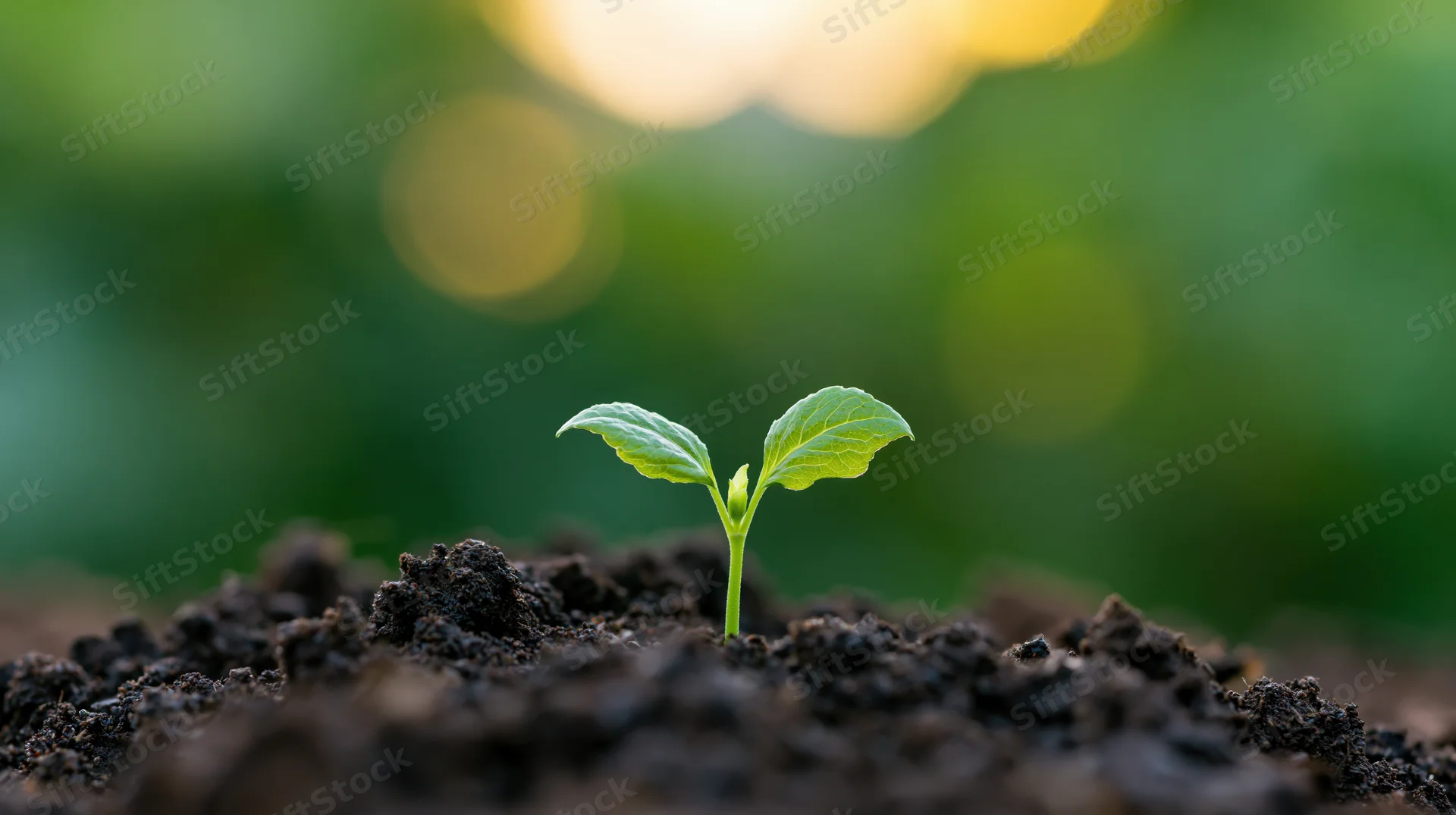Small green seedling sprouting from dark soil with blurred green background and sunlight bokeh