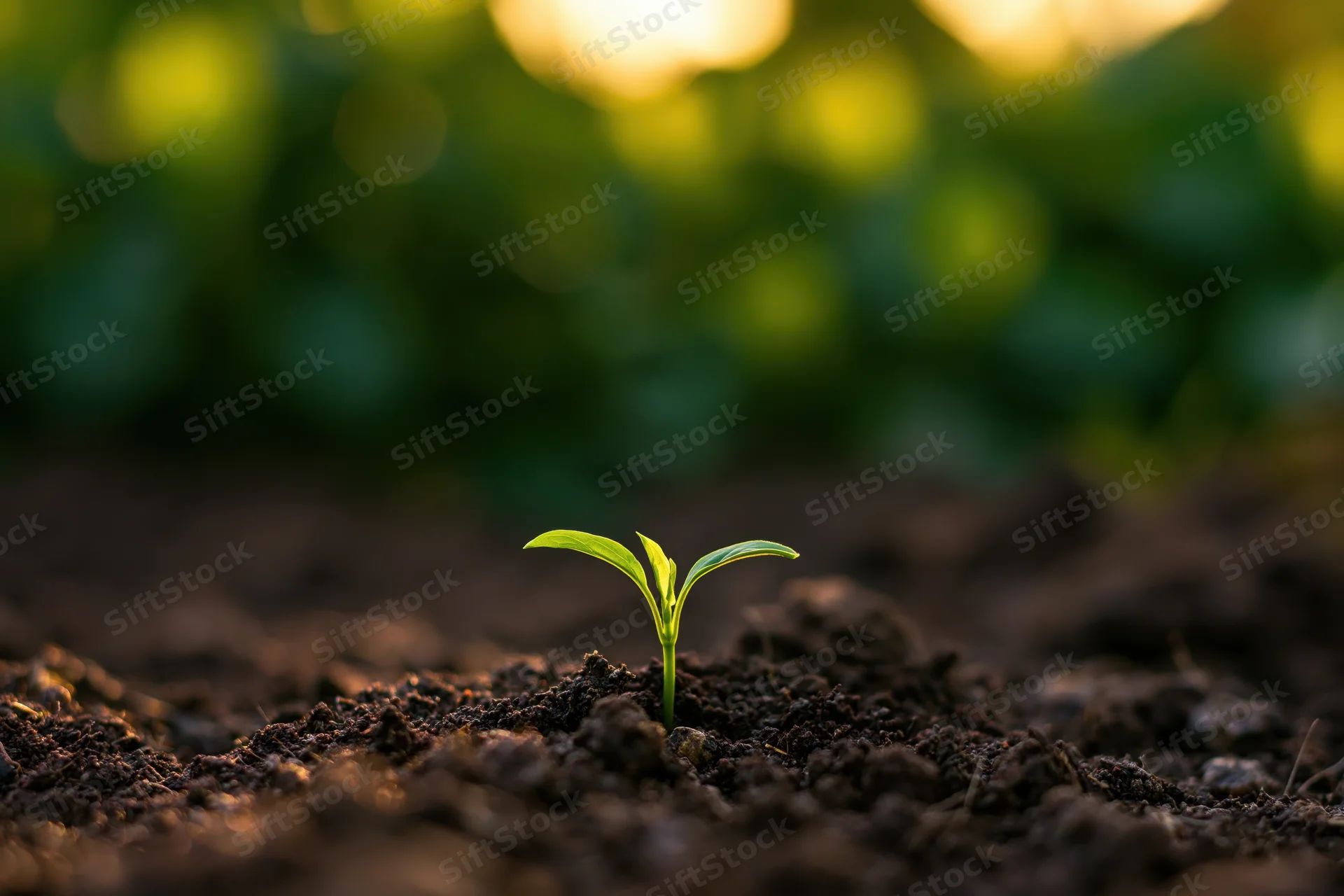 Small green seedling sprouting from dark soil in a garden setting