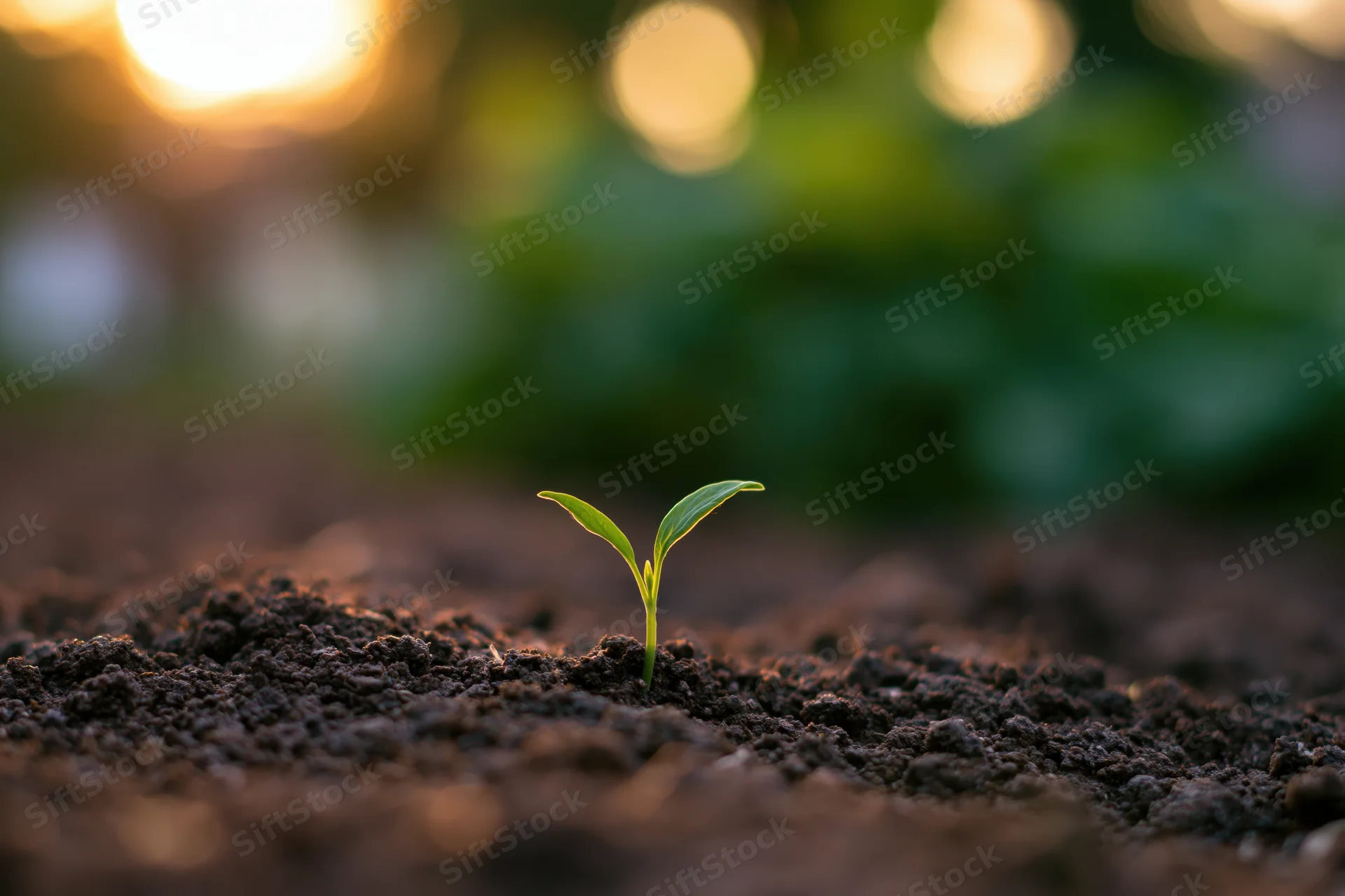 Small green seedling sprouting from dark soil in a garden at sunrise