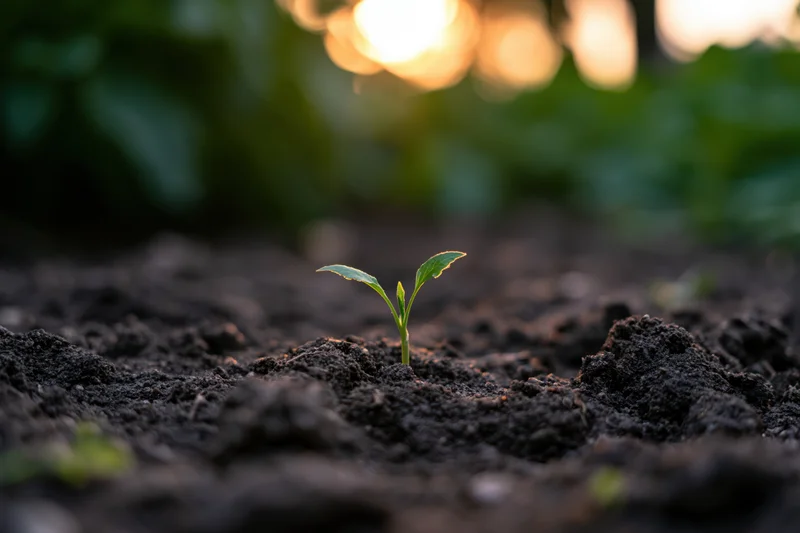 Small green seedling sprouting from dark soil in a garden setting