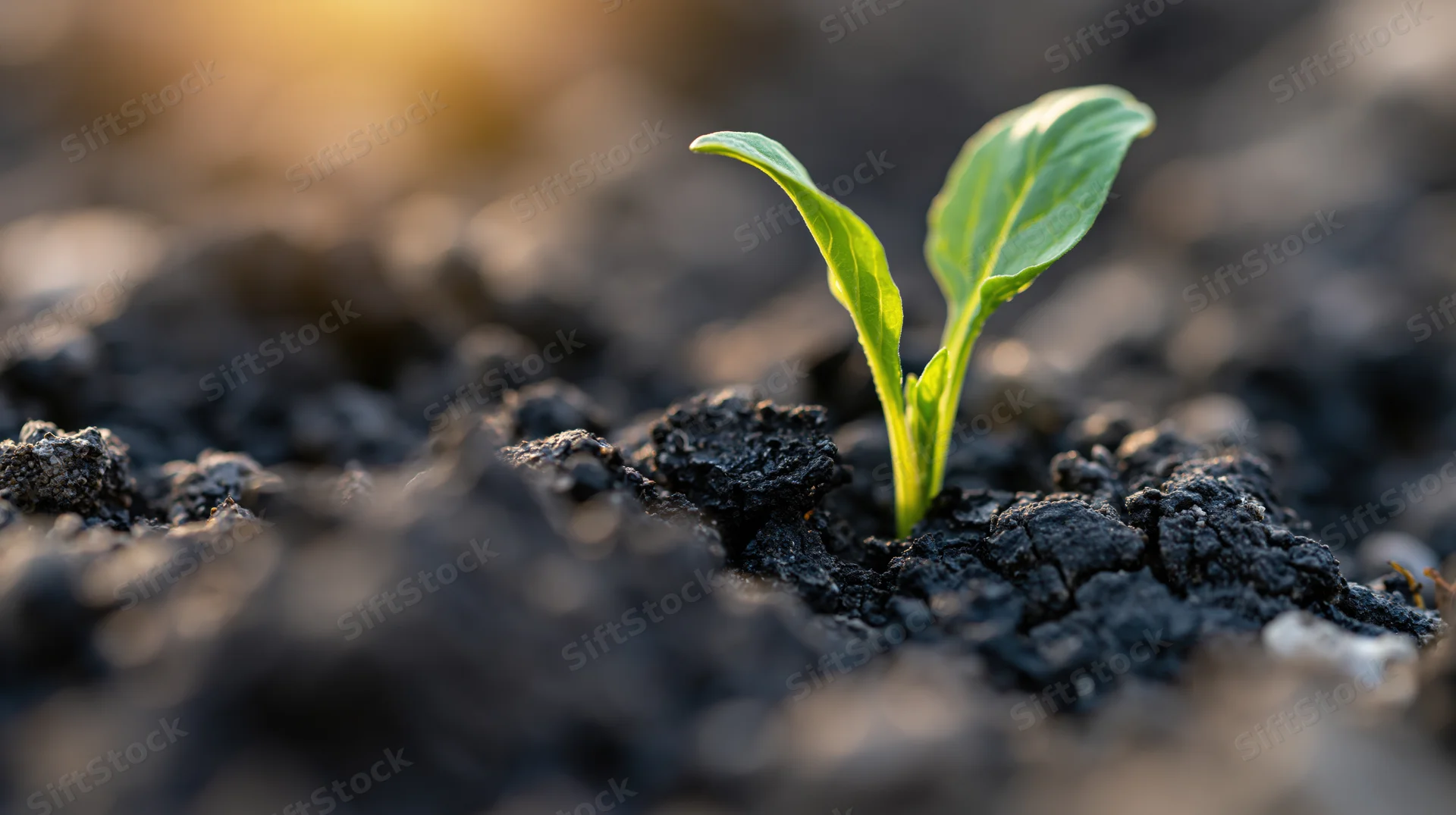 Small green seedling emerging from dark soil in close-up view