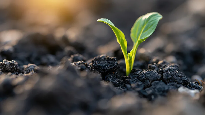 Small green seedling emerging from dark soil in close-up view