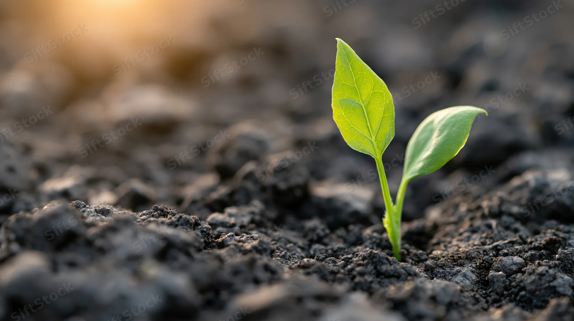 Small green seedling with two leaves emerging from dark soil in a garden setting