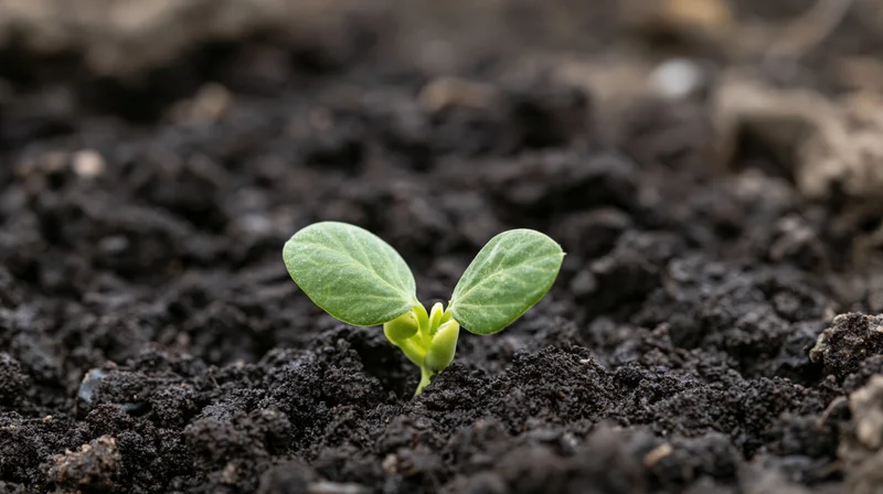 Small green soybean seedling emerging from dark moist soil