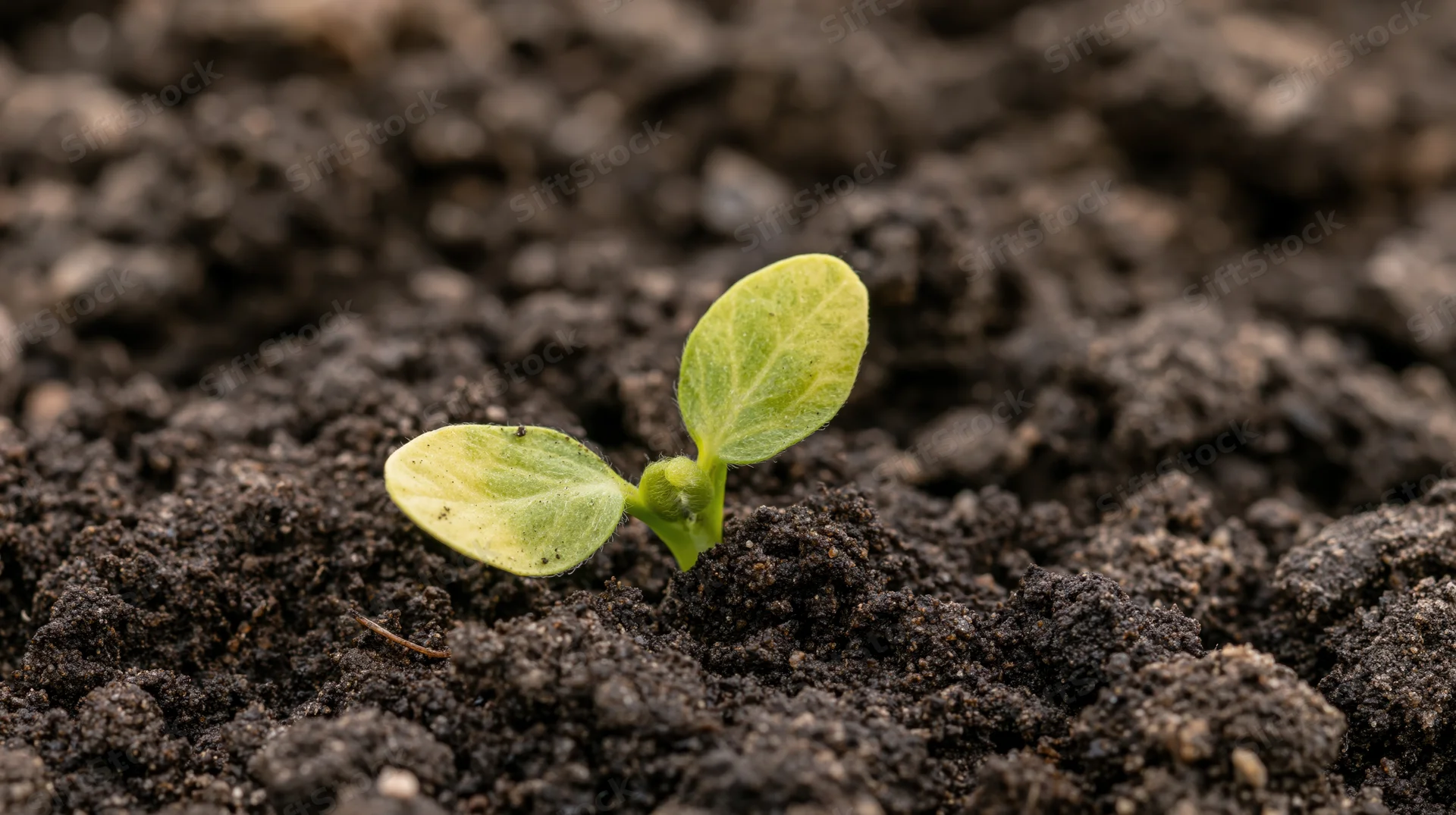 Small soybean seedling emerging from dark moist soil