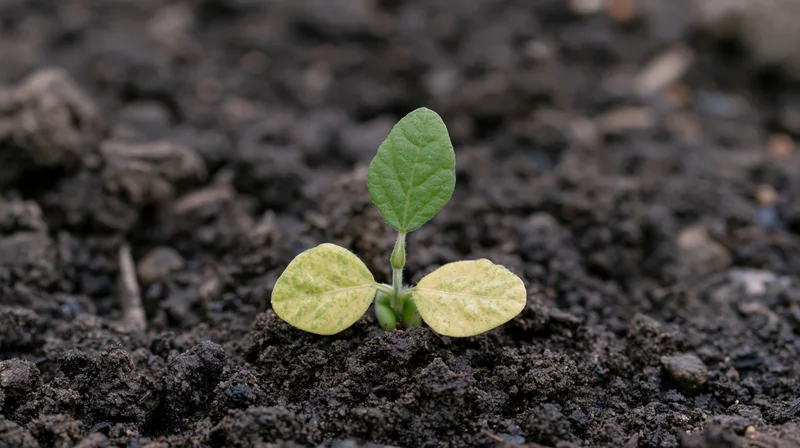 Small soybean seedling emerging from dark moist soil in a garden bed
