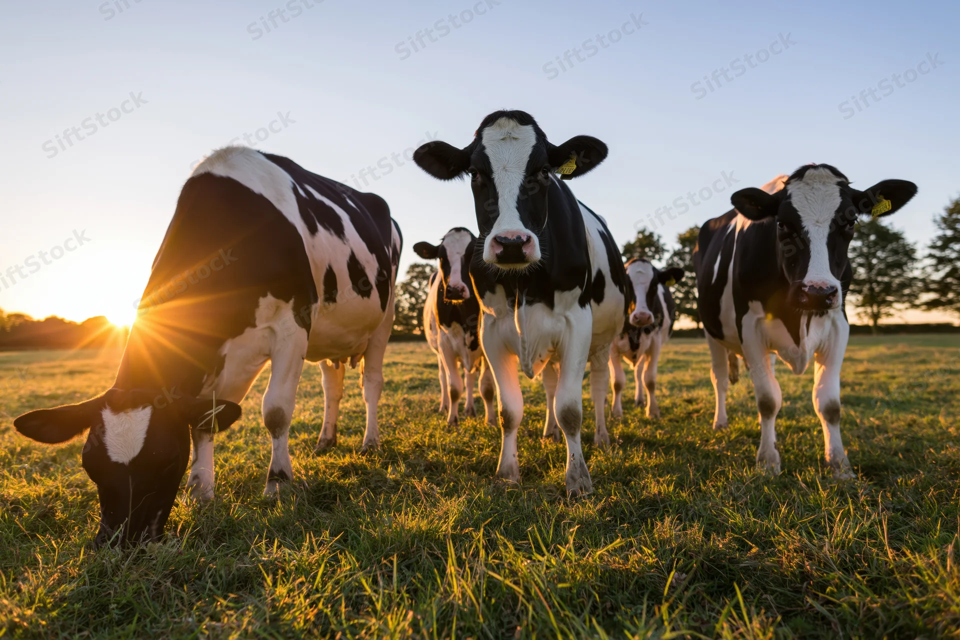 Holstein dairy cows grazing in a grassy pasture at sunset