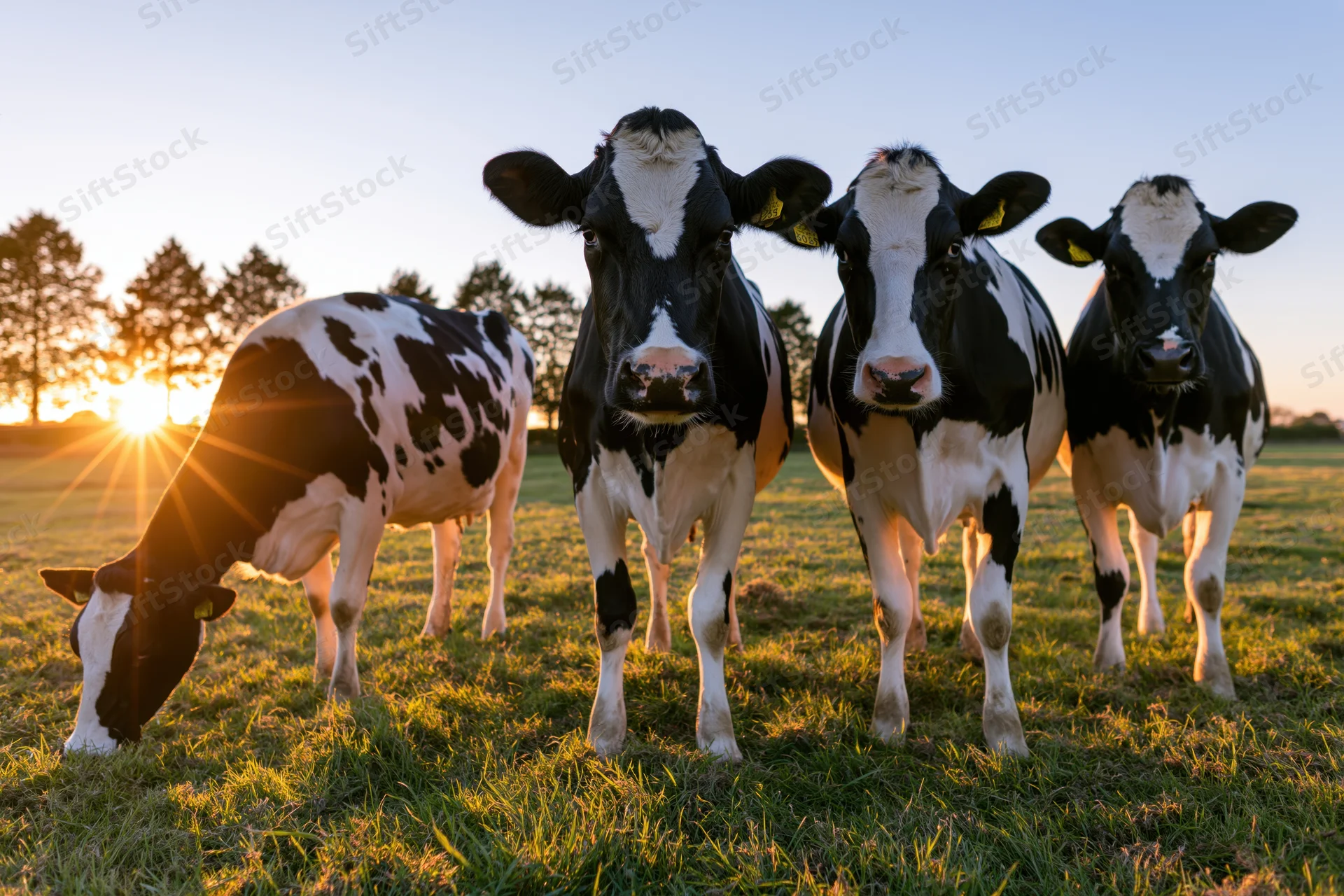 Four holstein cows standing in a grassy field at sunset with one grazing, golden light illuminating the scene