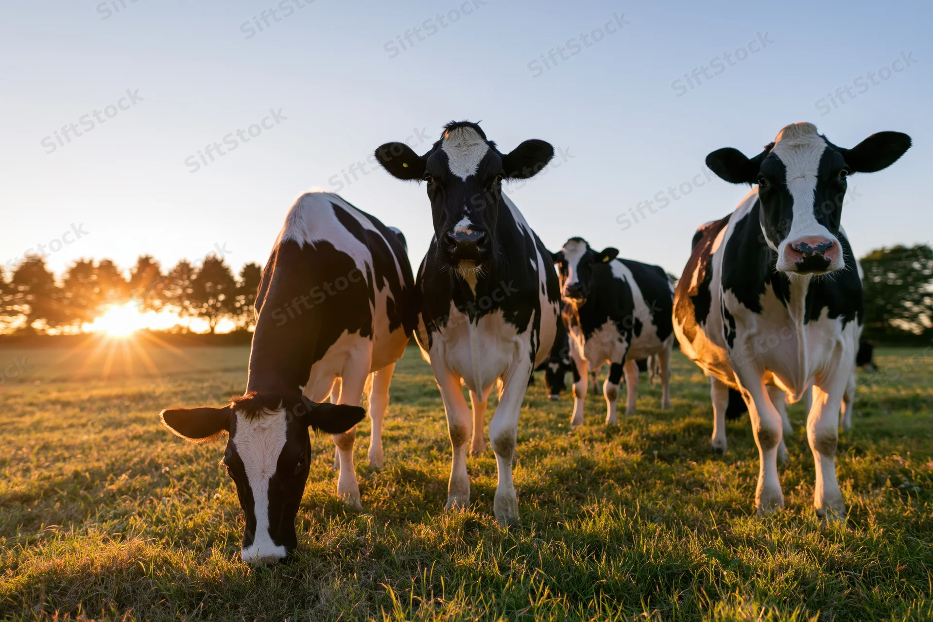 Holstein cows grazing in a grassy pasture at sunset