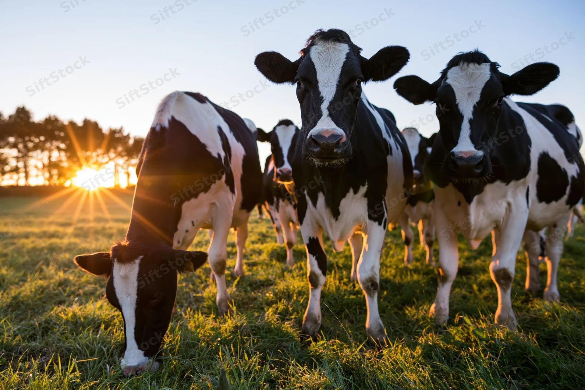 Holstein cows standing in a grassy pasture at sunset with sunflare behind trees
