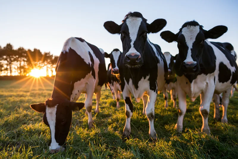 Holstein cows standing in a grassy pasture at sunset with sunflare behind trees