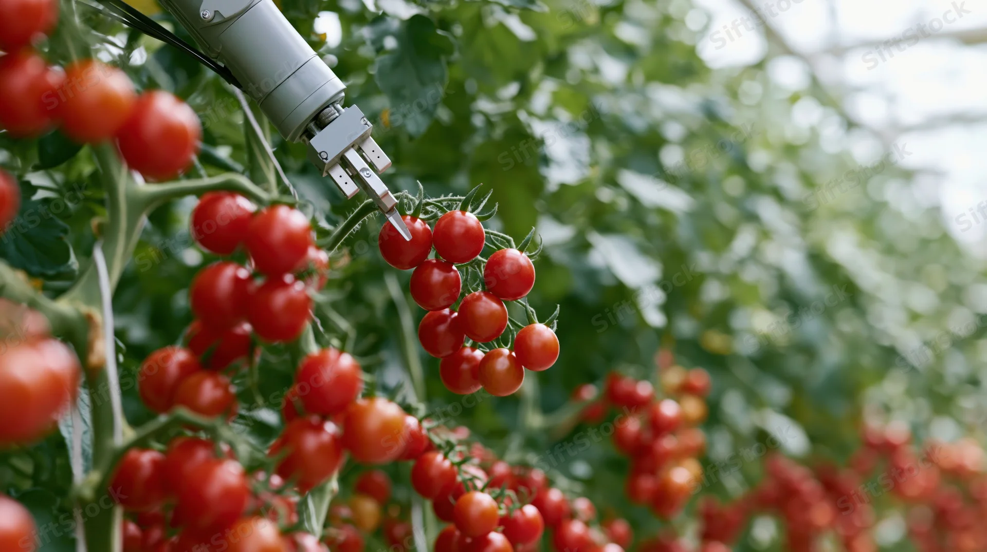Robotic arm harvesting ripe tomatoes in a greenhouse vine row