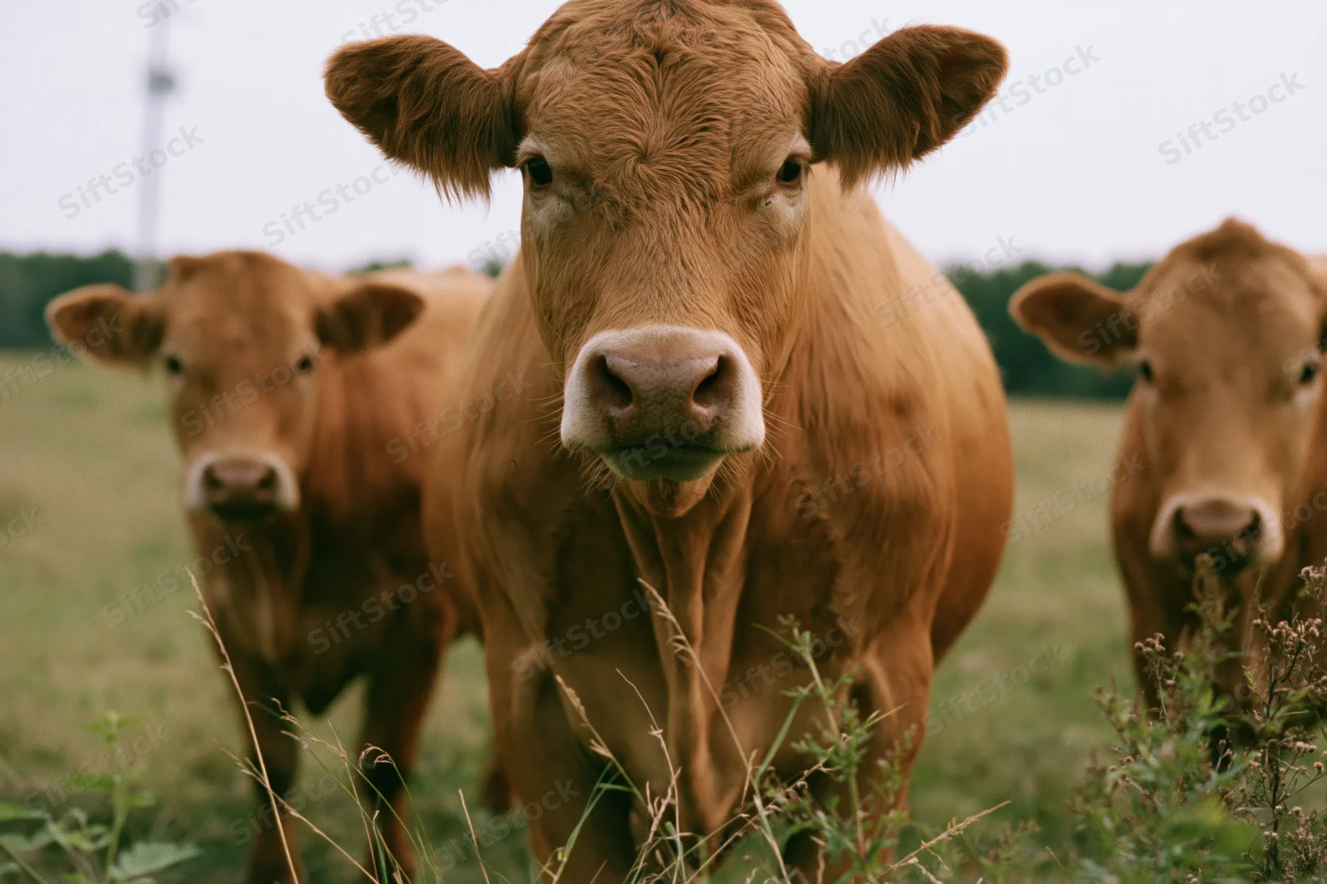Three limousin cows standing in a grassy field looking directly at the camera