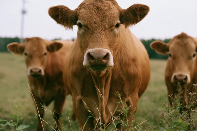 Three limousin cows standing in a grassy field looking directly at the camera