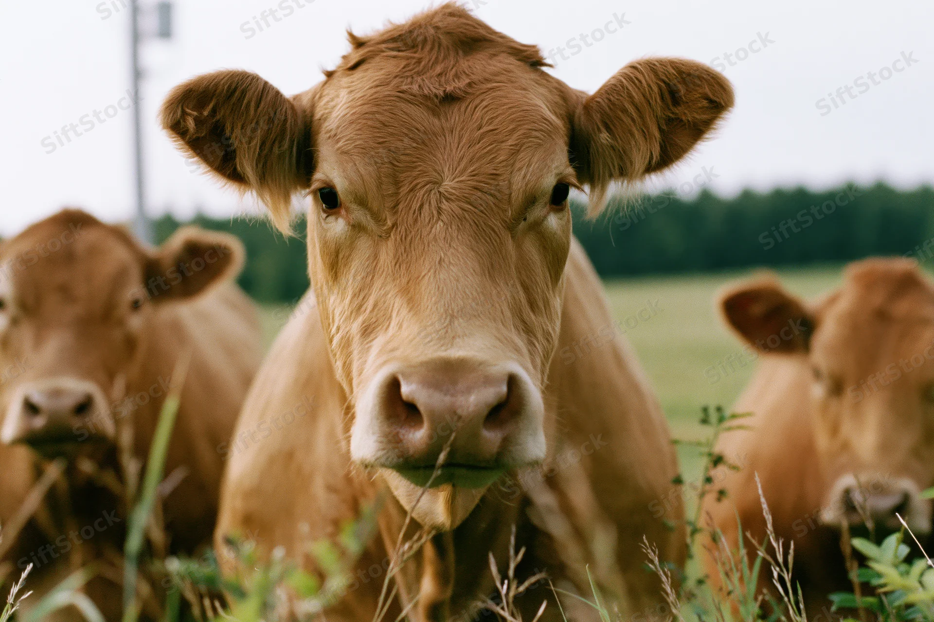 Limousin cow staring directly at camera in a grassy pasture with other cows nearby