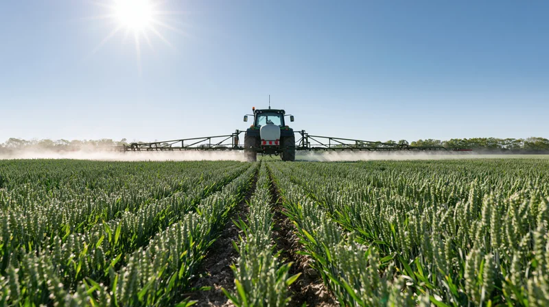 Tractor spraying pesticide across a wheat field under bright sun