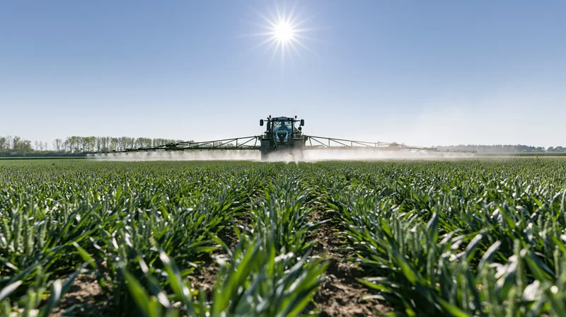 Tractor spraying pesticide across a green crop field under bright sun