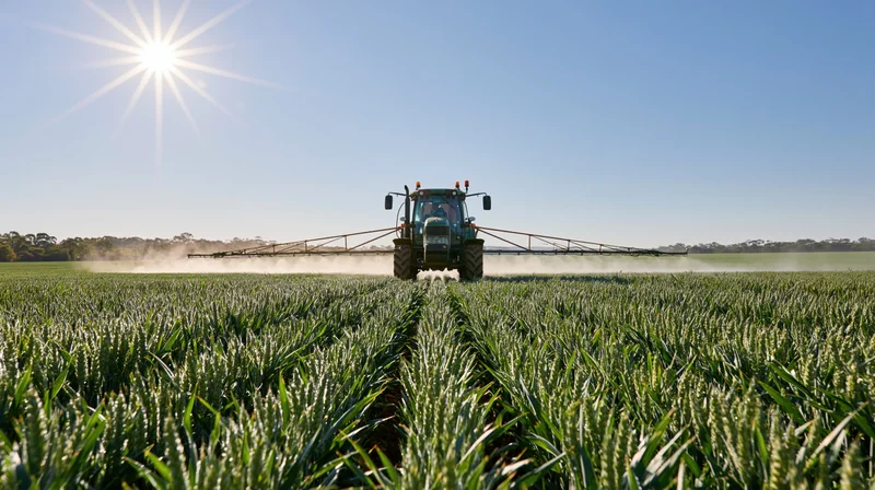 Tractor spraying pesticide across a green wheat field under bright sun