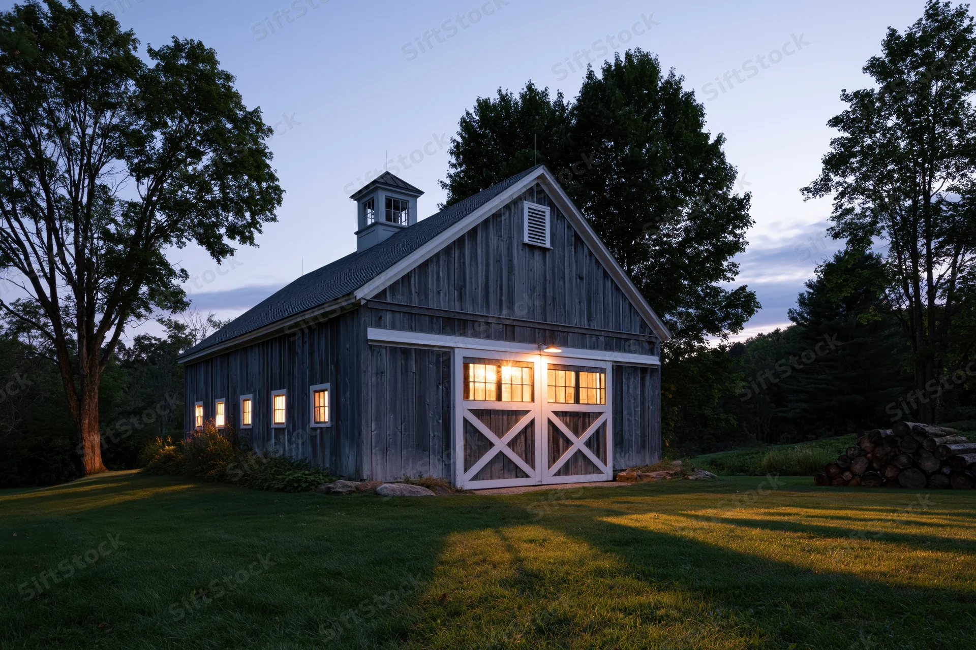 Weathered grey wooden barn with white-trimmed cross doors and glowing windows at twilight in a grassy rural setting