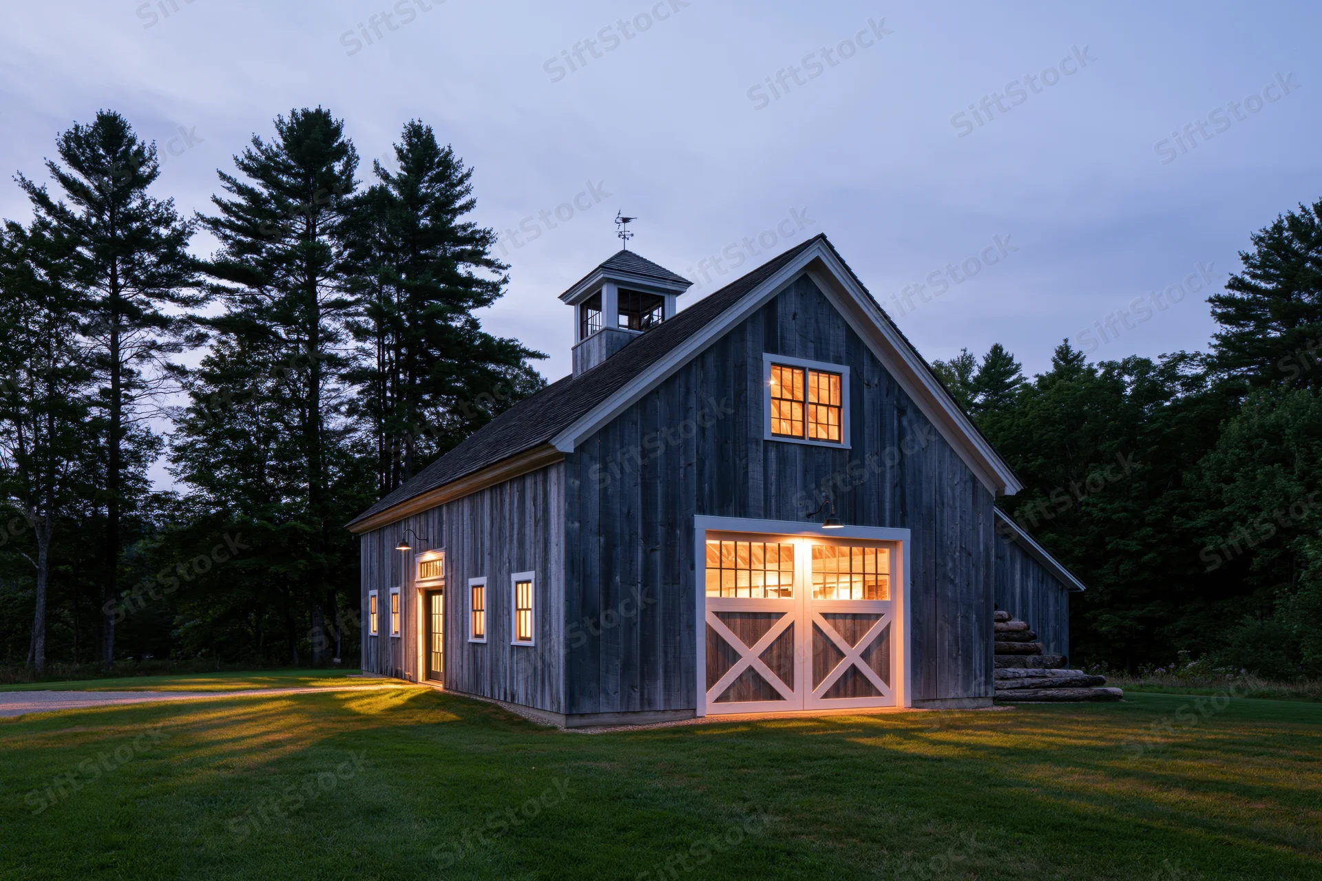 Weathered grey wooden barn with white-trimmed cross doors and cupola at twilight, surrounded by pine trees and lawn
