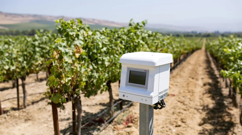 White agricultural sensor mounted on metal post in vineyard rows