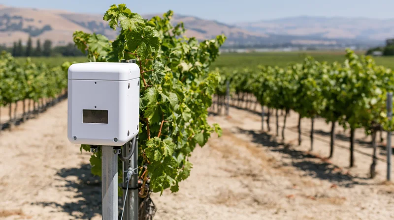 White agricultural sensor mounted on metal post in vineyard rows