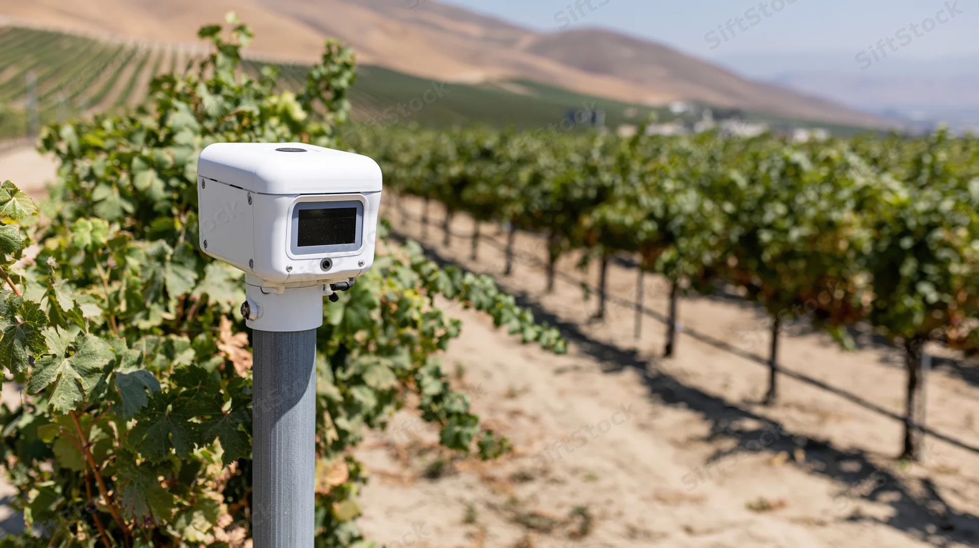 White agricultural sensor mounted on metal post in vineyard field