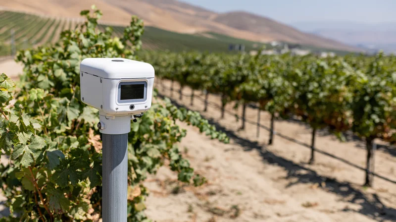 White agricultural sensor mounted on metal post in vineyard field