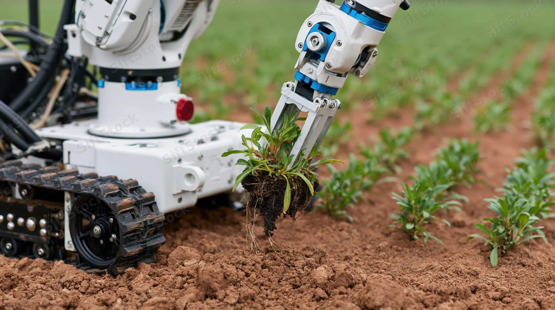 Robotic arm holding a seedling over tilled soil in a farm field