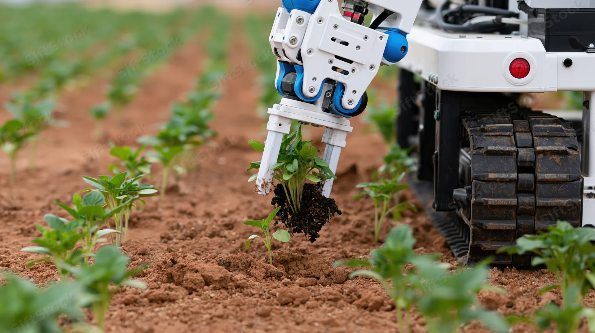 Autonomous robot planting seedlings in a field with tracked wheels and mechanical arm
