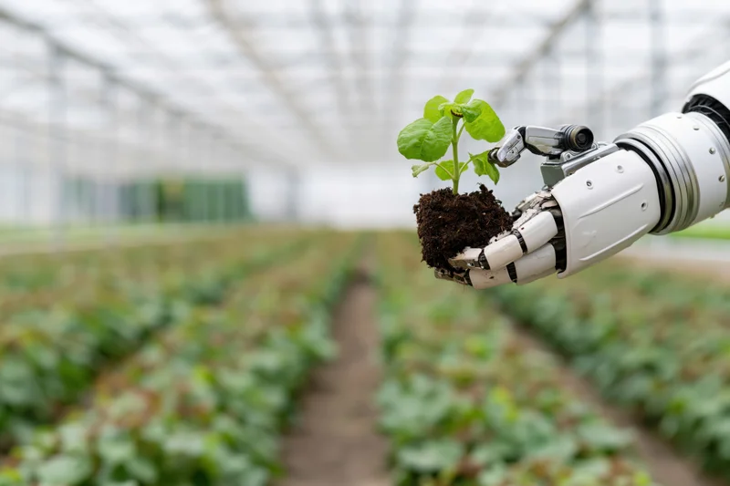 Robotic arm holding a small green seedling with soil in a greenhouse farm