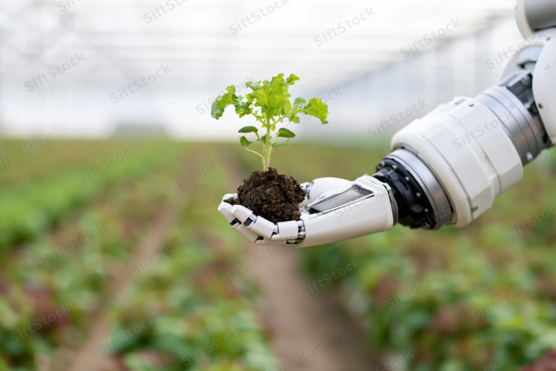 Robotic arm holding a small green seedling with soil in a greenhouse farm