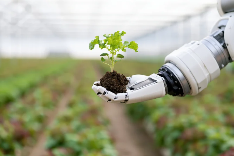 Robotic arm holding a small green seedling with soil in a greenhouse farm
