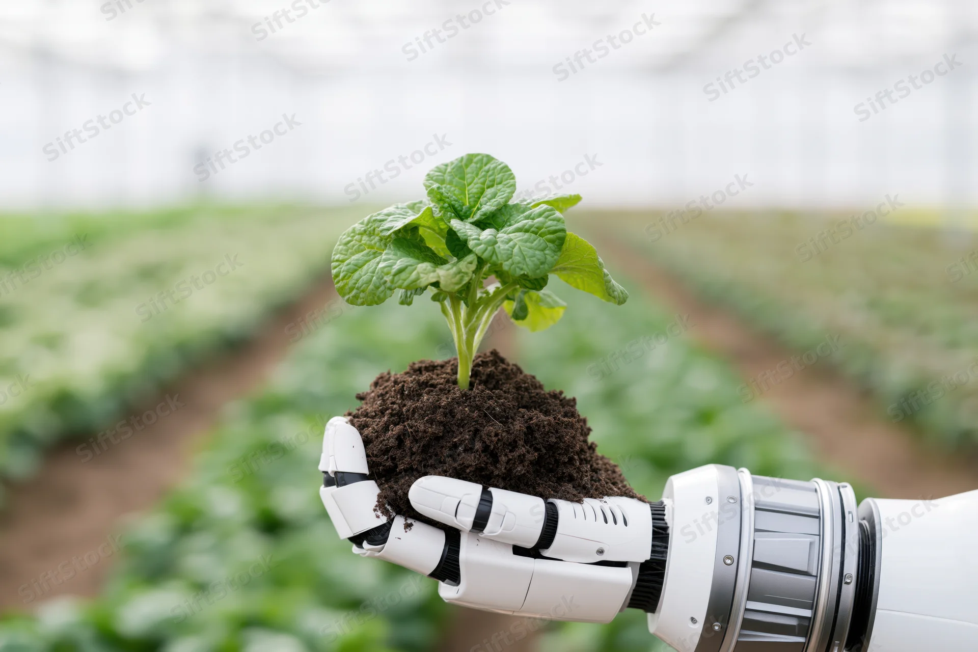 Robotic arm holding a small green seedling with soil in a greenhouse field
