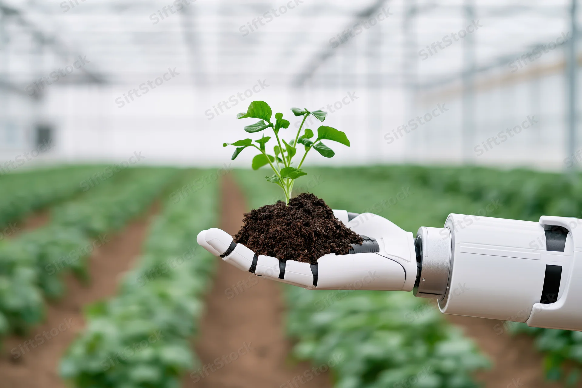 Robotic arm holding a small green seedling in soil inside a greenhouse