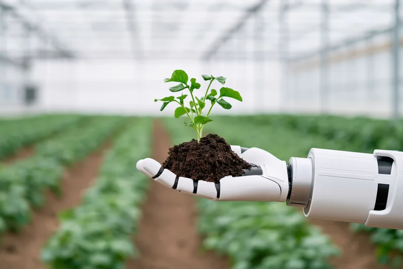 Robotic arm holding a small green seedling in soil inside a greenhouse