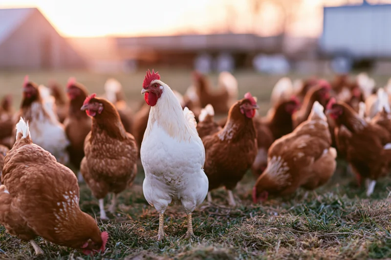 White rooster standing alert among brown hens on grassy farm field at sunset